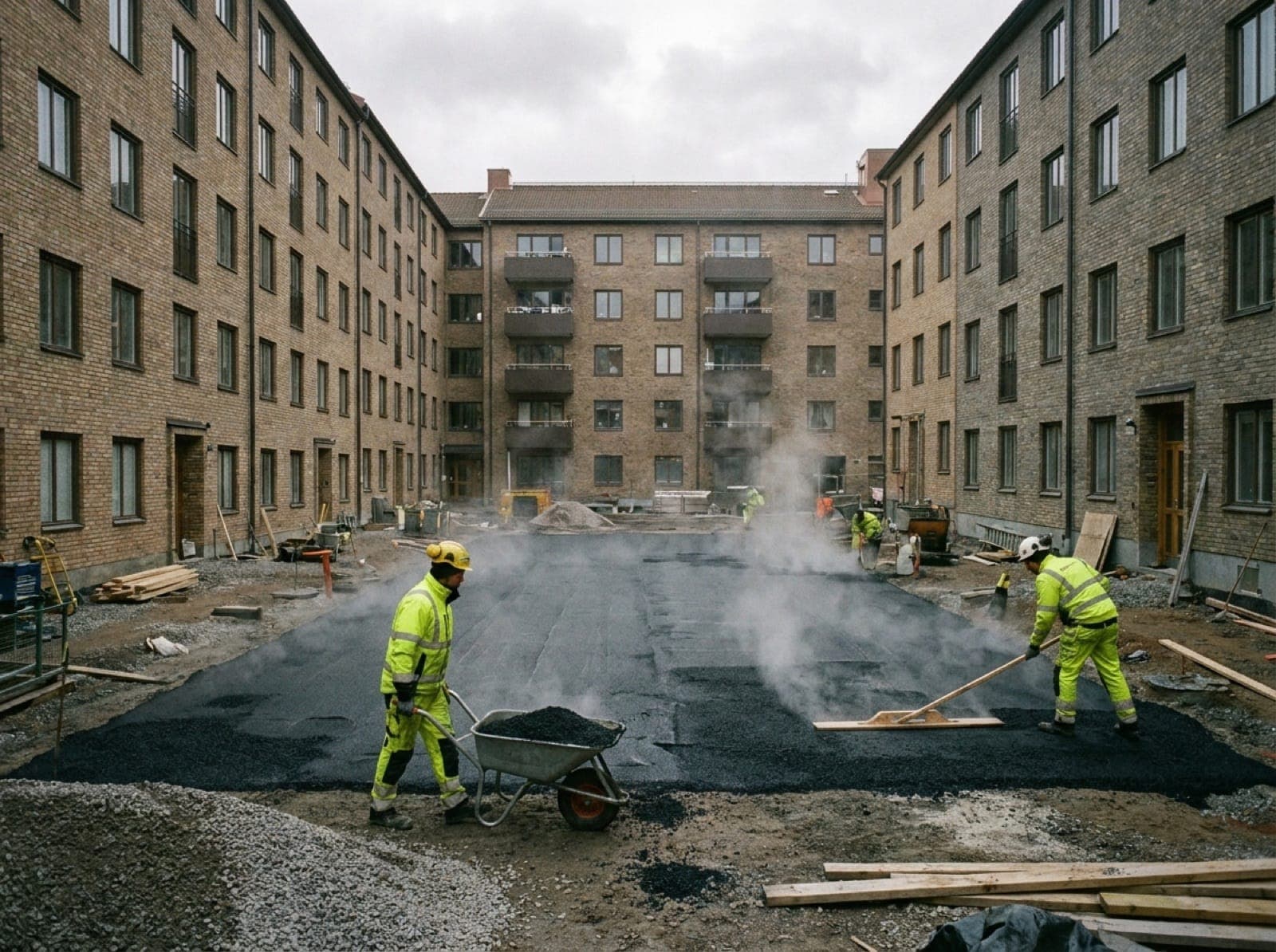 Gjutasfalt läggs som tätskikt på en innergård ovanpå ett garage