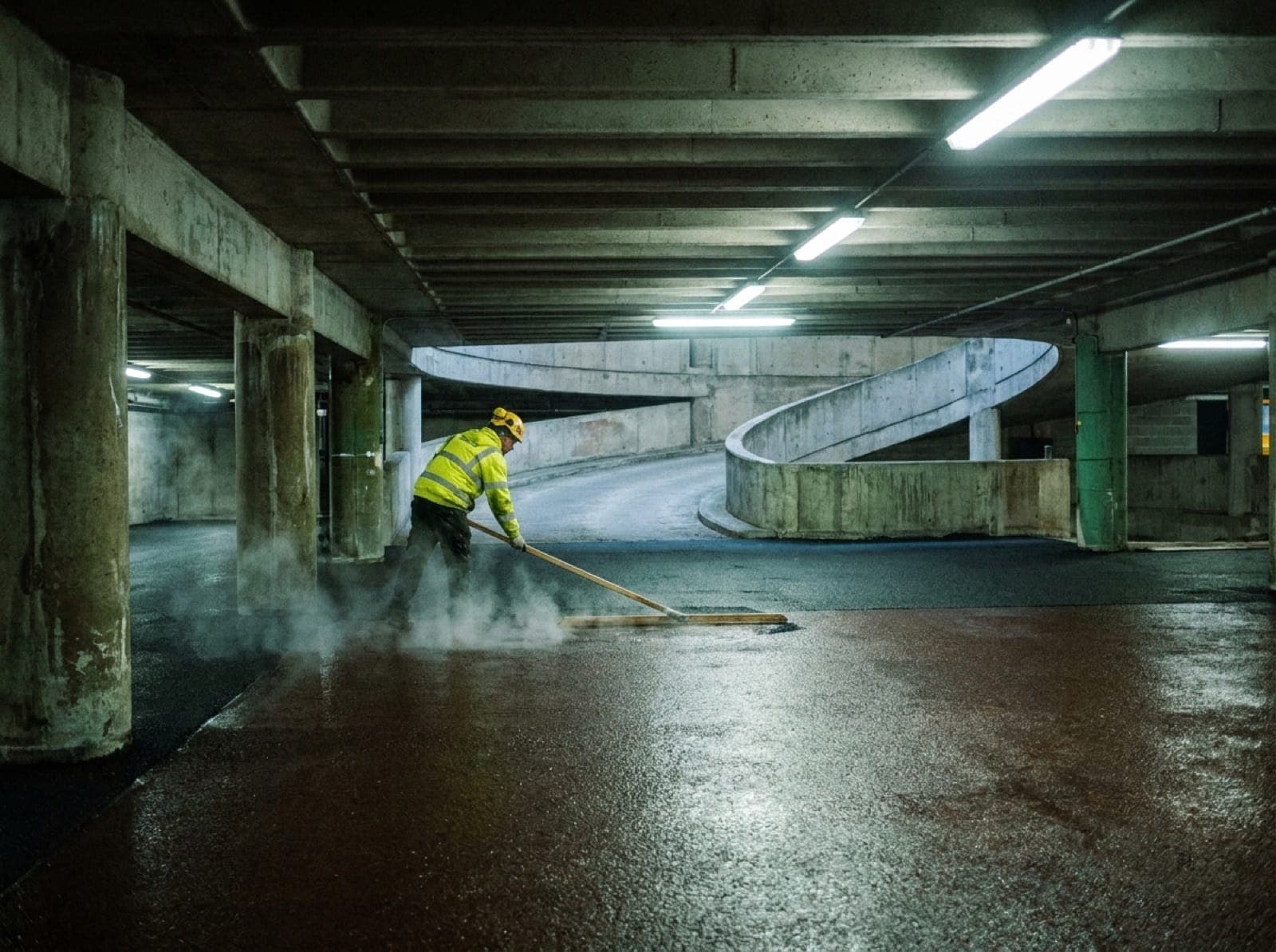 Nylagd gjutasfalt som slityta på ett parkeringsdäck i flera plan