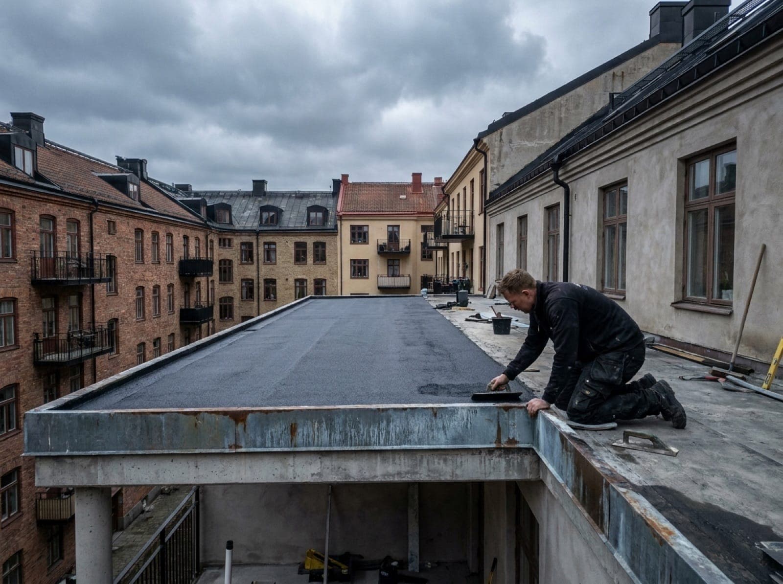 Takterrass med nylagd gjutasfalt som fogfri gångyta